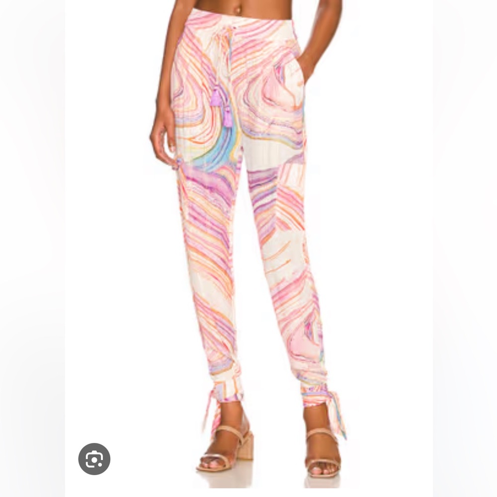 Rococo Sand Eira Jogger Beach Resort Pants Marble Pattern Fringe + ties Sz Small